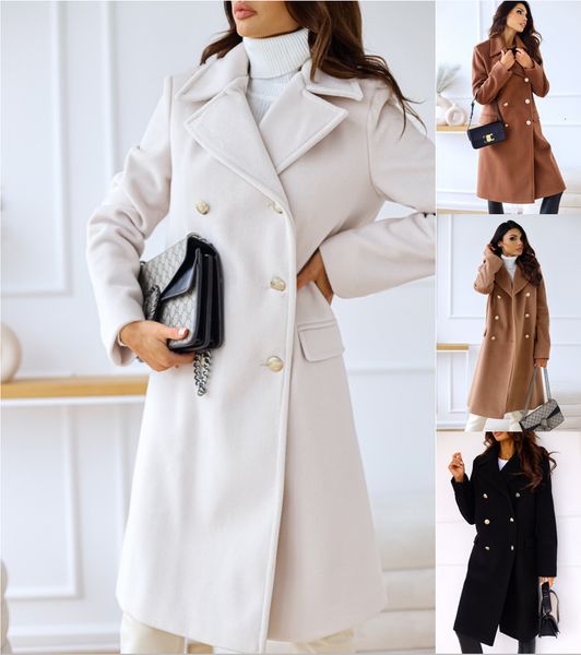 

womens wool blends coat office winter fashion long lapel sleeve double breasted black woolen harajuku 230818