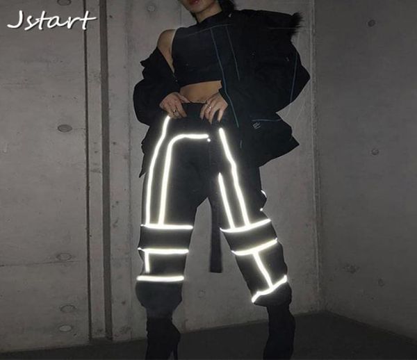 

women flash reflective pants with belt streetwear luminous elastic trousers night running fashion club loose high waist pants9022278, Black;white