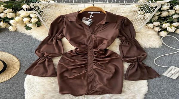 

casual dresses 2022 spring women brown shirt dress polo neck puff long sleeve folds slim designer streetwear mini robe femme vesti7481601, Black;gray
