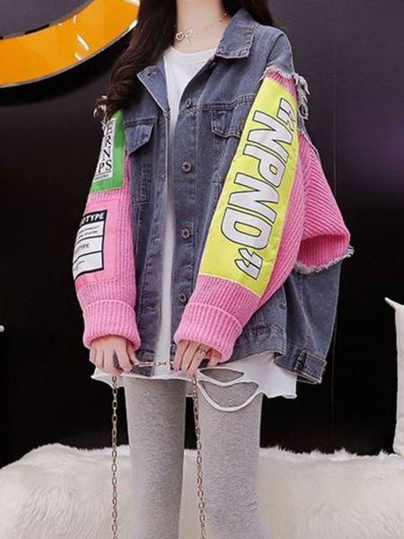 

womens jackets harajuku jeans sweater jacket women fashion patchwork letters denim cardigans jersey cardigan korean clothes outerwear 230818, Black;brown
