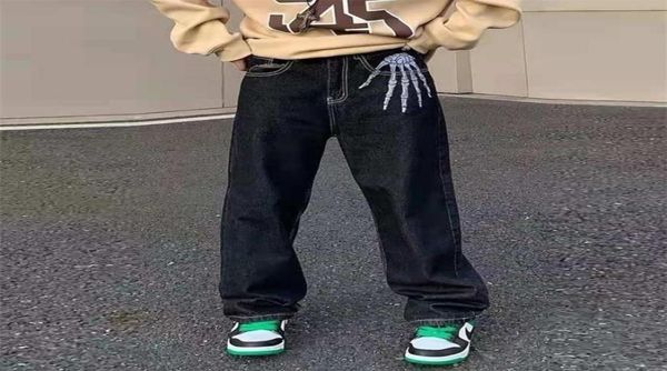 

mens jeans retro skull hand bone embroidery washed pants vibe style straight casual oversize denin trousers streetwear 2209223050236, Blue
