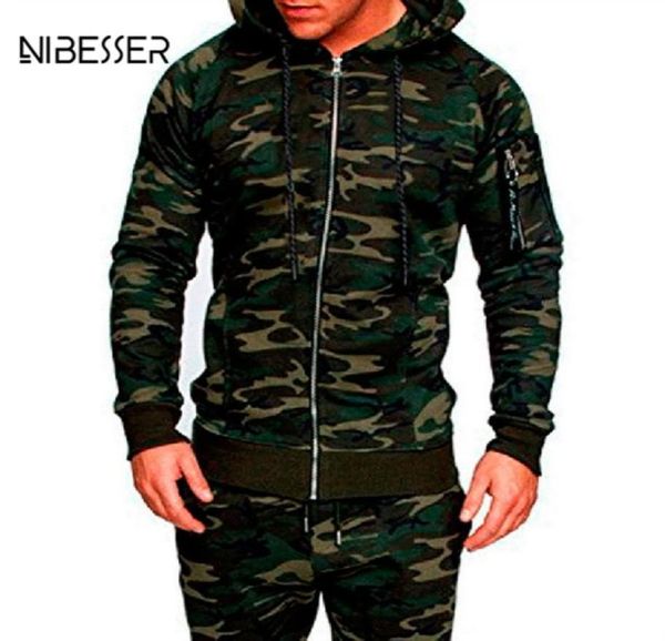 

nibesser male camouflage jacket suit 2pc muscle men workout track suit mens tracksuit pants set hoodie trouser3318306, Gray