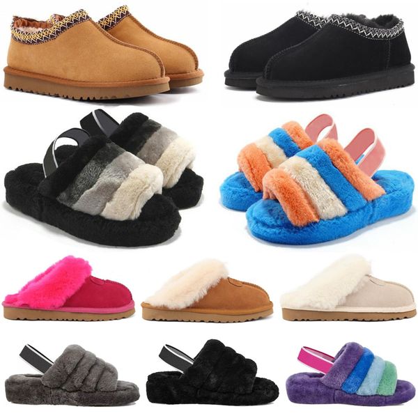 

2023 tasman slippers chestnut fur slides sheepskin shearling tazz new mules women men ultra platform boot slip-on shoes suede upper fall win, Black