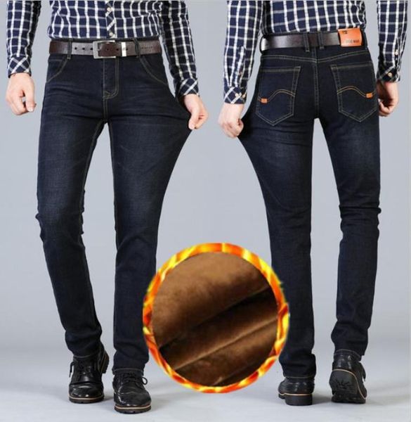 

winter men black stretch jeans good quality slim fit long jean thicker warm smart casual9044867, Blue