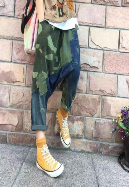 

women fashion camouflage patchwork loose jeans vintage denim harem pants -pants spliced casual cowboy trousers8377917, Blue