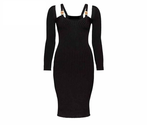 

new women runway dresses v neck full sleeve knit slim dress female gold button long milan party dress e188254135, Black