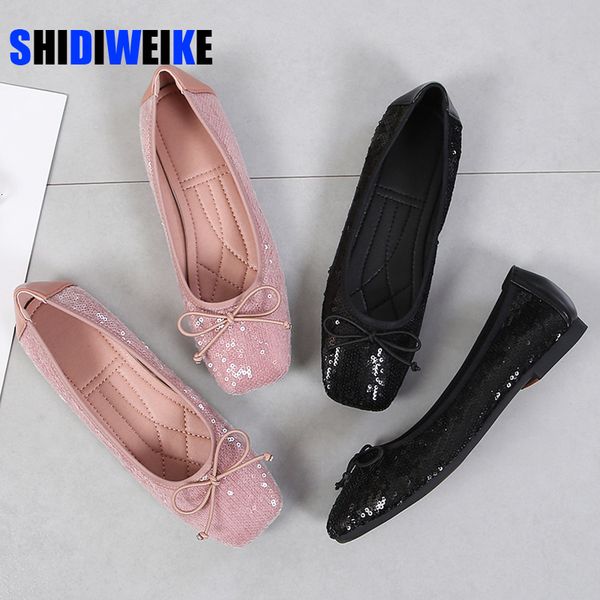 

dress shoes elegant women's sequined cloth comfort spring casual female square toe flats comfortable boat moccasin fall glitter 230818, Black