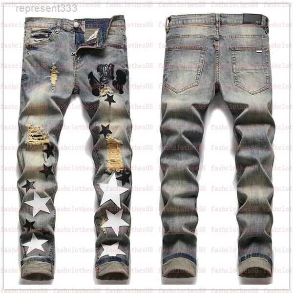 

men's jeans designer european jean hombre letter star men embroidery patchwork ripped for trend brand motorcycle pant mens skinny 479o, Blue