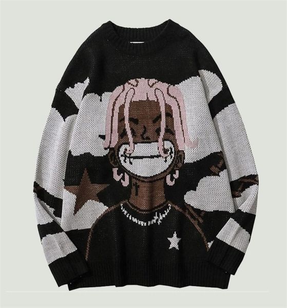 

men039s sweaters fashion harajuku vintage cartoon anime knitted jumper sweater mens hip hop streetwear oversize loose casual ug7487166, White;black