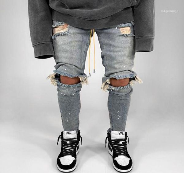 

men039s jeans men big knee hole ripped pencil pants biker skinny slim frayed denim trousers fashion hip hop jean8904936, Blue