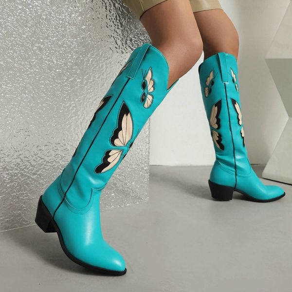 

boots bohemian butterfly embroidery ethnic western cowboy y heels kneehigh wide calves botas size cowgirl shoes 230818, Black
