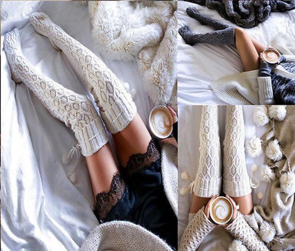 

new women cable knit extra long boot socks over knee thigh high school girl8955698, Black;white