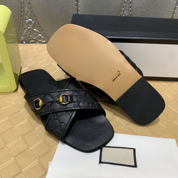 

designer sandals slipper slide european and american g buckle flip-flops metal buckle clamp sandal female leather versatile wear summer size, Black