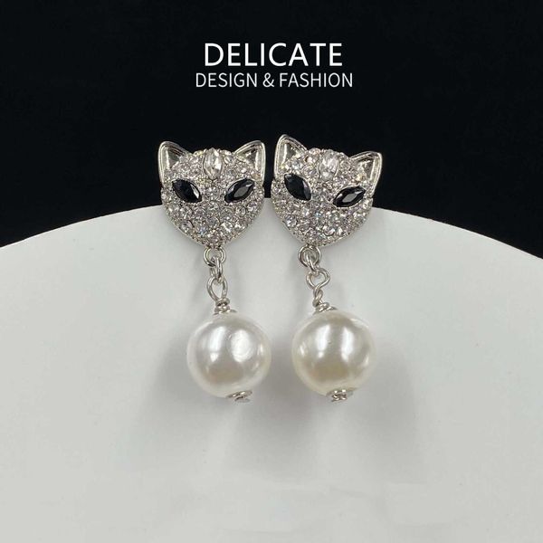 

r miumiu fashion earrings new fox shaped with mesh red and sweet ins and diamond pearl earrings a high level sense valentine's day gift, Golden