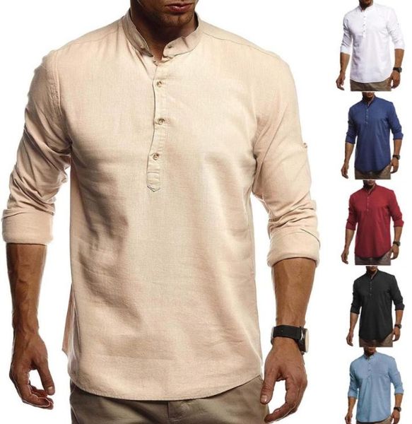 

designer mens casual shirts loose stand collar flax shirt vintage solid color pullover autumn long sleeve outdoor men clothing plu5667620, White;black