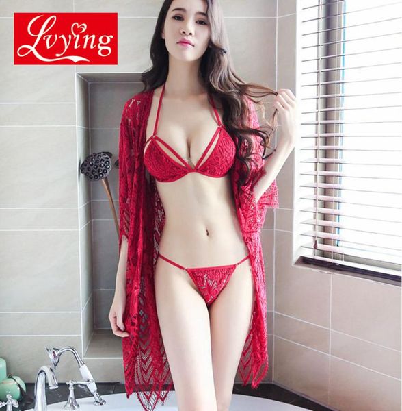 

lvying lace robe sets lingerie female pyjamas women underwear suits bra sets night dress bathrobe sleepwear nightwear thong1770343, Black;white