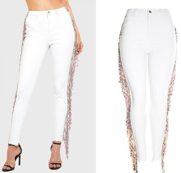 

2021 summer plussize slim legged pants women039s capris ins super sparkle piece bead piece tassel pants stretch slim white jea8708981, Blue
