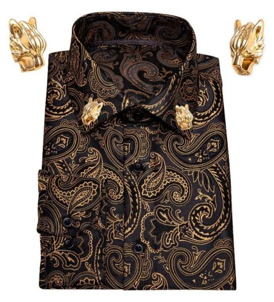 

gold paisley silk men shirts long sleeve casual flower for dress barrywang designer leopard collar pin men039s1476408, White;black