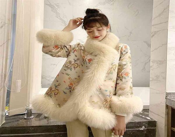 

chinese style fur coat court lady satin midlength beaded faux shawl jacket women winter print outwear 2105191150942, Black