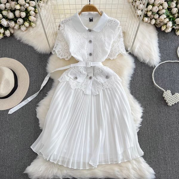 

basic casual dresses summer elegant crochet lace patchwork chiffon pleated dress women's short sleeve hollow out flower buttons belt ru, Black;gray