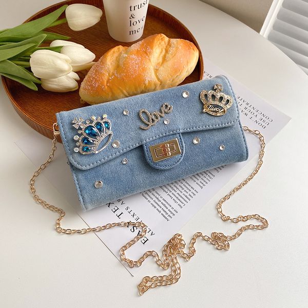 

factory wholesale women shoulder bags 2 colors niche design denim chain bag wear-resistant leather multi-card long wallets sweet diamond wal, Red;black