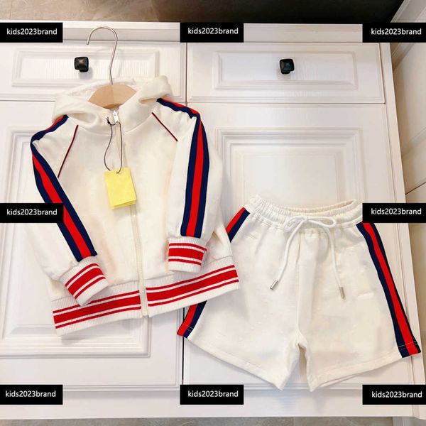 

morning run baby clothes child outdoor sets kids summer tracksuit 2pcs hooded jacket and striped decorative shorts, White