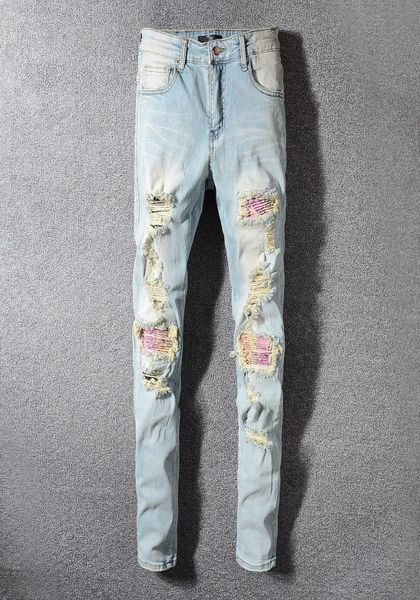 

men039s jeans retro light blue ripped jeans pink patch stitching slim pencil pants7900789