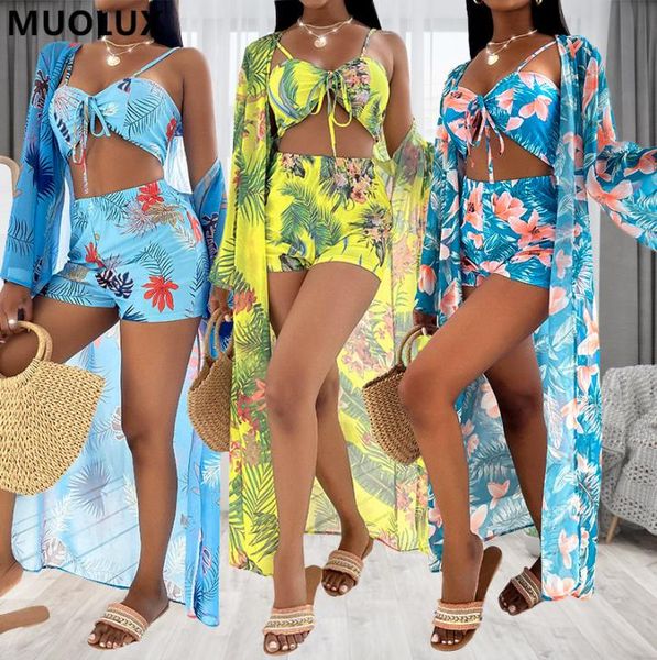 

long sleeve 3 piece bikini set cover up swimwear women print beach wear high waist shorts bandage swimsuit bathing suit 2206089468609, White;black