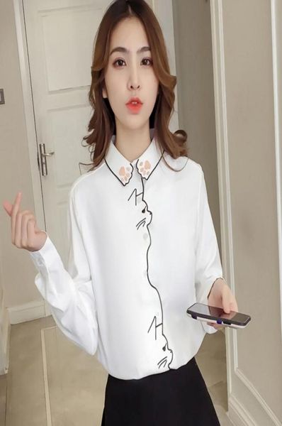

cute preppy style cartoon cat embroidery white blouse women bordered loose shirt long sleeve autumn blusas feniminas t97890 m3998008