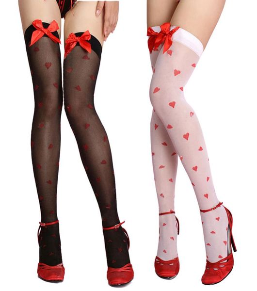 

new women stockings sheer black and white love heart lace bows tie thigh high stockings  new arrival4998299, Black;white