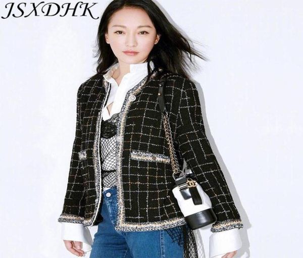 

jsxdhk runway women tweed jacket autumn winter plaid black tassel weave coat vintage single breasted outerwear s3xl19506406, Black;brown