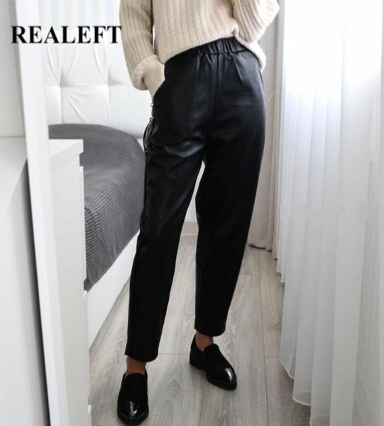 

realeft new autumn winter black faux leather women pants elastic waist female pu harem pants streetwear trousers plus size 2011113308059, Black;white