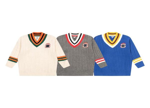 

22fw italy autumn winter sweaters men women university striped embroidery logo casualong sleeves streetwear v neck knitted woole5730857