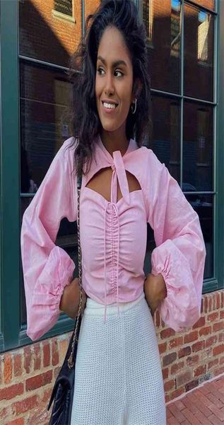 

vintage lantern sleeve ruched blouse women autumn winter bowknot front cut pink crop chic blusa mujer 2104279762829, White