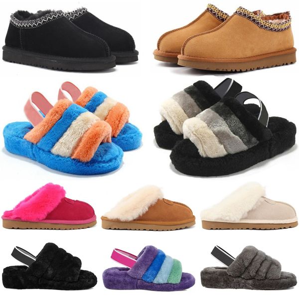 

tasman chestnut fur slipper slides sheepskin fluffy tazz slippers mules women men ultra mini platform boot shoes suede upper comfort fall wi, Black