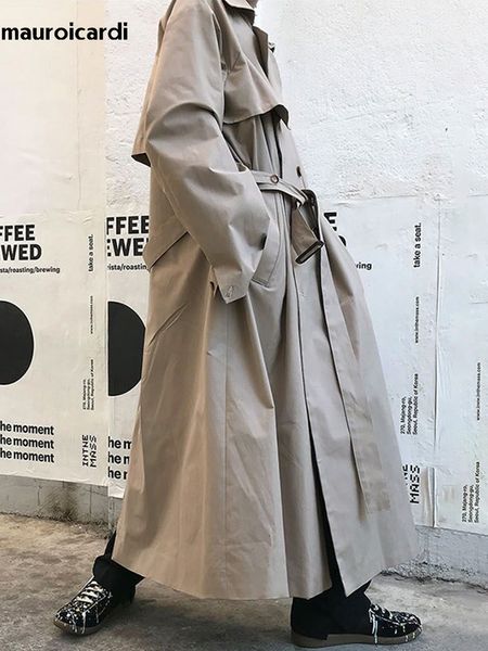 

men's jackets mauroicardi spring autumn long khaki trench coat men belt double breasted loose casual korean fashion outerwear overcoat, Black;brown