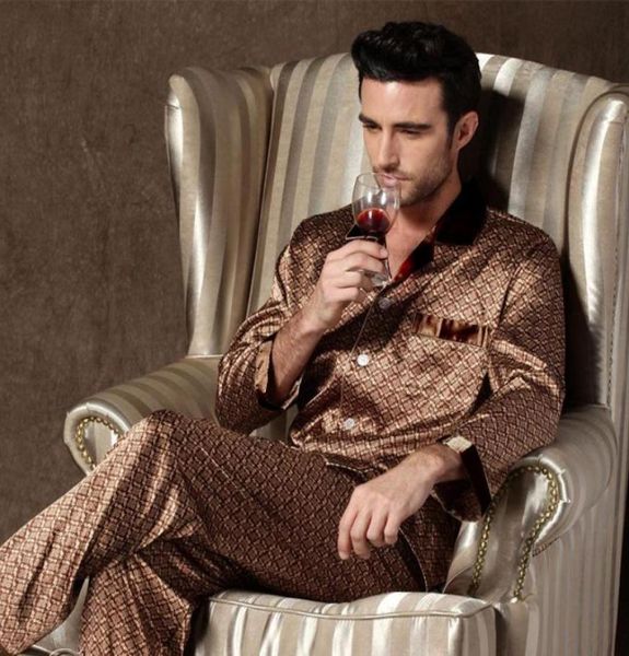 

mens designer thin ice silk sleepwear set pajamas for men nightwear long sleeve sleep trousers6648662, Black;brown