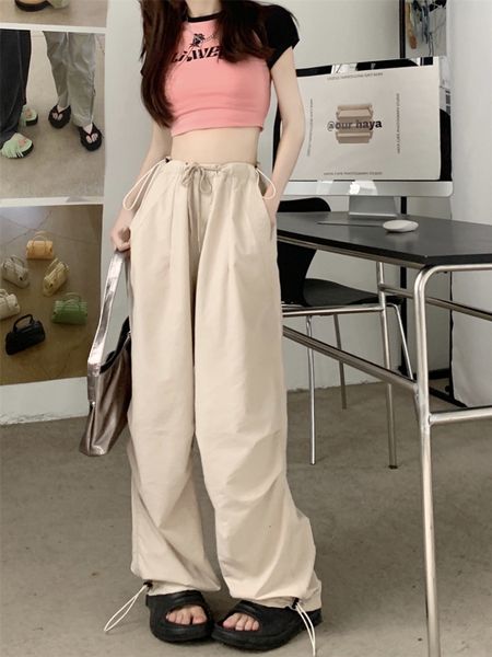 

women's pants s deeptown y2k aesthetic beige cargo parachute pant korean style oversize baggy trousers hippie harajuku wide leg pantalo, Black;white