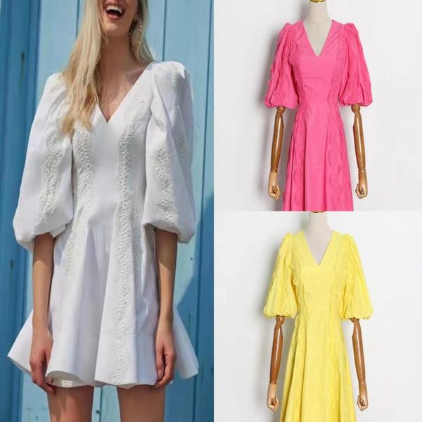 

summer highquality lace stitching puffsleeve holiday dress02756303, Black;pink