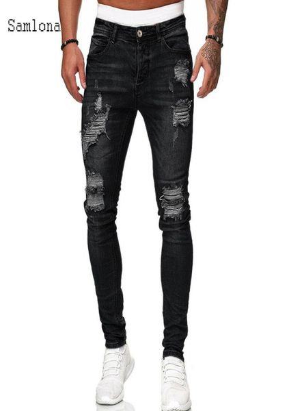 

samlona jeans mens fashion skinny denim pant male 2020 hole ripped pants streetwear male denim jeans blue grey pencil trousers mx26640039