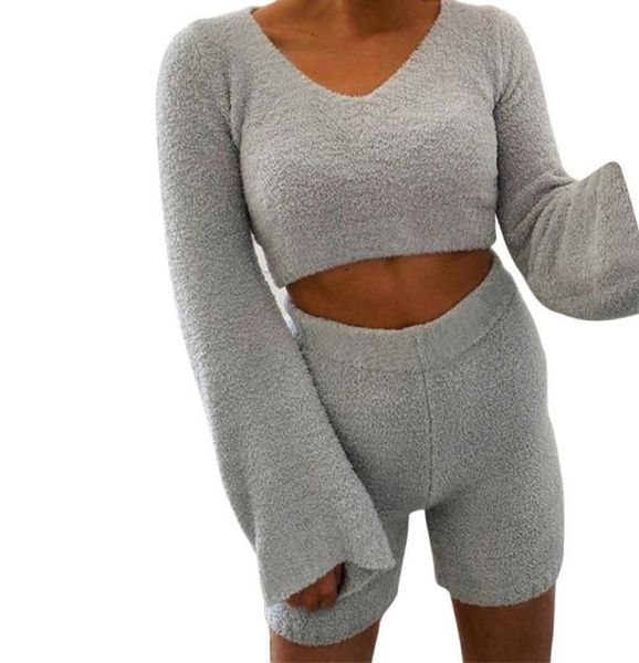 

women039s 2pcs autumn winter sets casual plush fluffy solid white home loungewear outfits flaresleeve sweatshirts shorts6316727, Gray