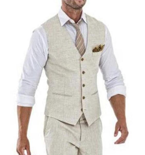 

beige linen men vest for wedding summer suit one piece wasitcoat v neck custom groom tuxedo wasit coat fashion men039s vests8526482, Black;white