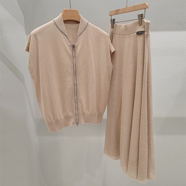 

womens knits tees women summer thin shirts fashion sleeveless beaded decoration zipper knitted cardigan elegent casual solid color 230818, White