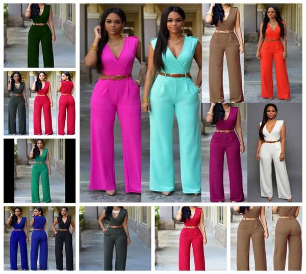 

european fashion solid color sleeveless high waist vneck wide leg pants irregular set belt support mixed batch1695425, Black;white