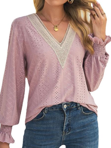

women s t shirt women long sleeve hollow lace solid splice v neck shirt 230818, White