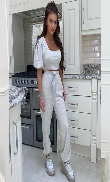 

2020 new summer womens loungewear set vintage square collar short puff sleeve crop long pant two piece set pink jogging suit4935877, White