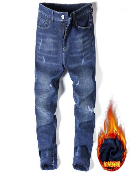 

men039s jeans winter men warm blue slim straight fashion thicken denim trousers fleece stretch brand pants male business casual3814267