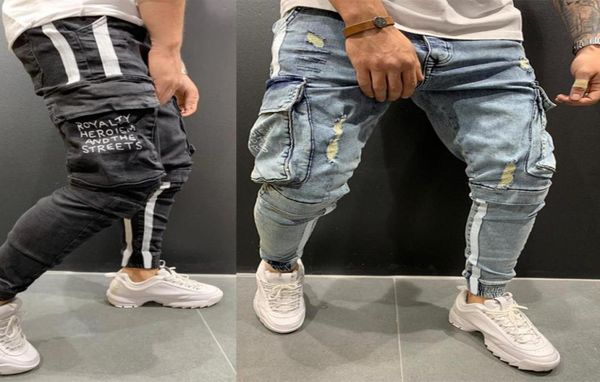 

patchwork denim jeans men pencil pants slim fit biker skinny ripped jean jogger big side pocket stripe hip hop cargo trousers c1123092289, Blue