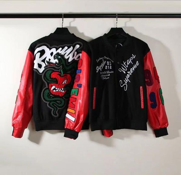 

mens jackets embriodery oversize hip hop basebalstreetwear stitched bomber sports loose varsity wear leather sleeve monster print black red4, Black;brown