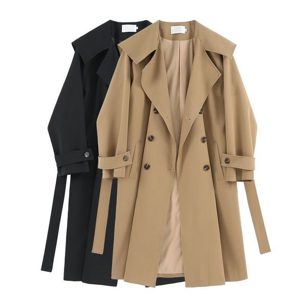 

23-windbreaker women's mid length spring and autumn thin british style versatile draping feel small french casual coat, Tan;black
